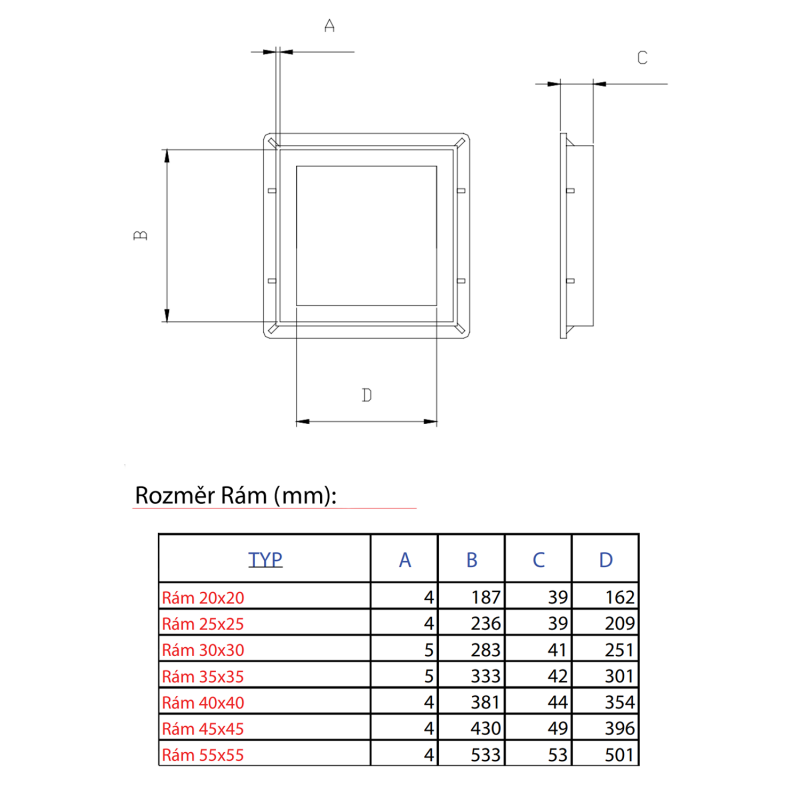 Rám pro rošty nebo poklopy - Rozměr: 200 x 200 mm