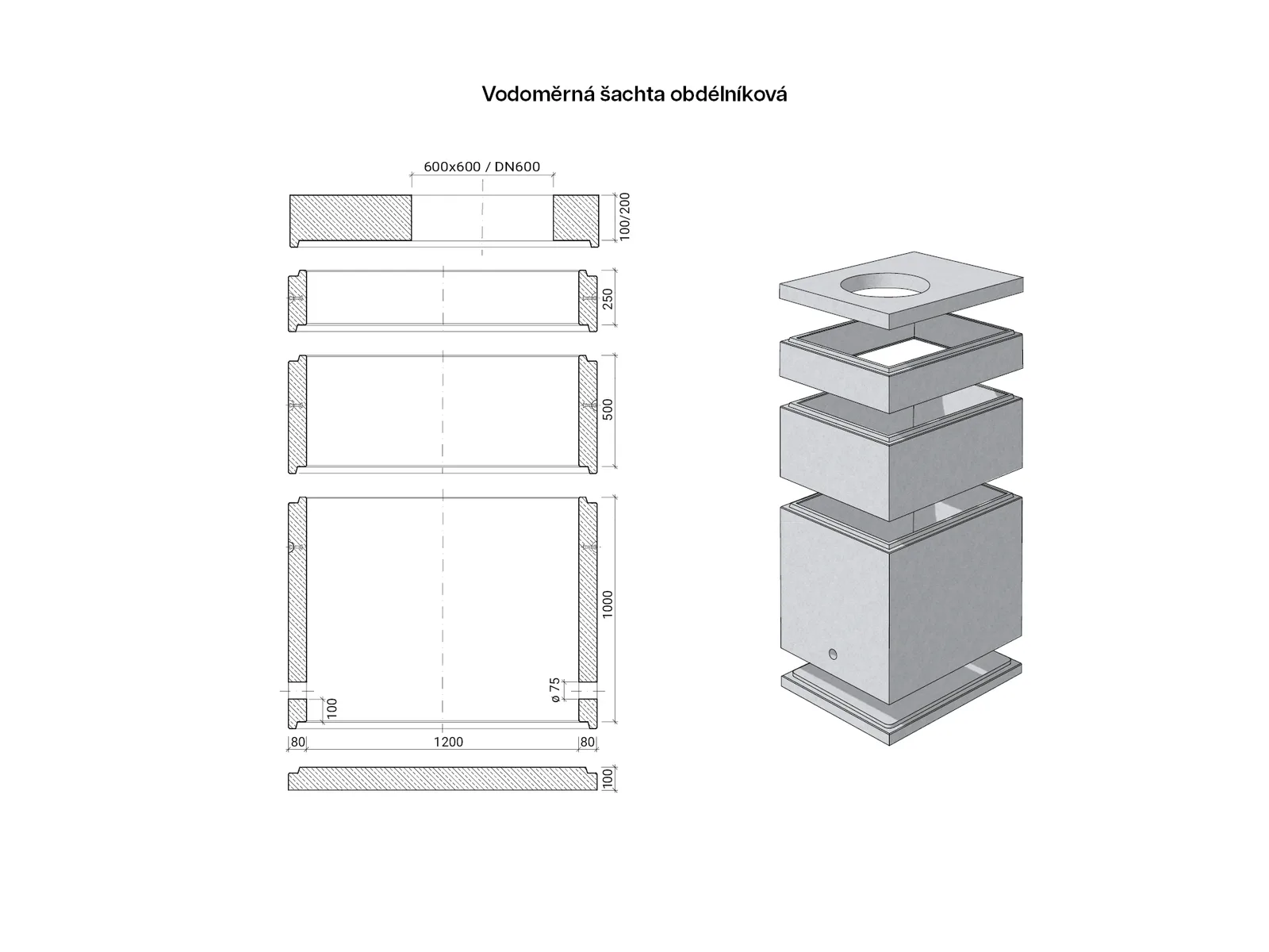 CSBETON - Vodoměrná šachta obdélníková Nástavec 1200x900, hs 500, t 80 mm — foto