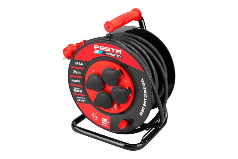 Kabel prodlužovací na bubnu venkovní FESTA INDUSTRY 3x2.5mm 25m 230V max 3680W 4 zásuvky guma-neopré