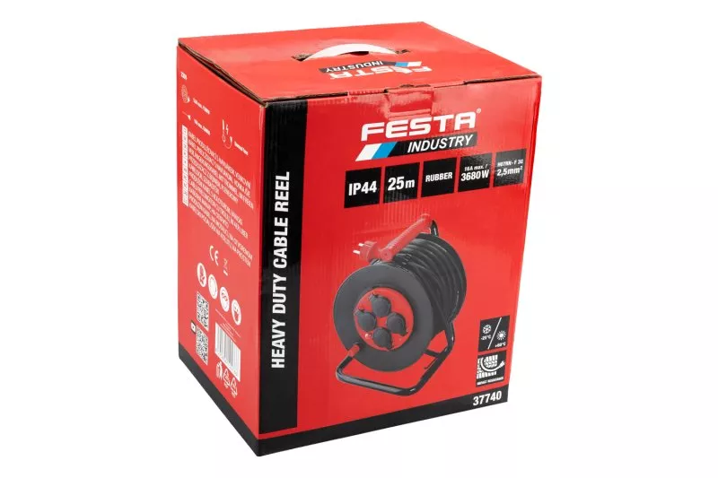 Kabel prodlužovací na bubnu venkovní FESTA INDUSTRY 3x2.5mm 25m 230V max 3680W 4 zásuvky guma-neopré