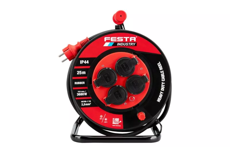 Kabel prodlužovací na bubnu venkovní FESTA INDUSTRY 3x2.5mm 25m 230V max 3680W 4 zásuvky guma-neopré