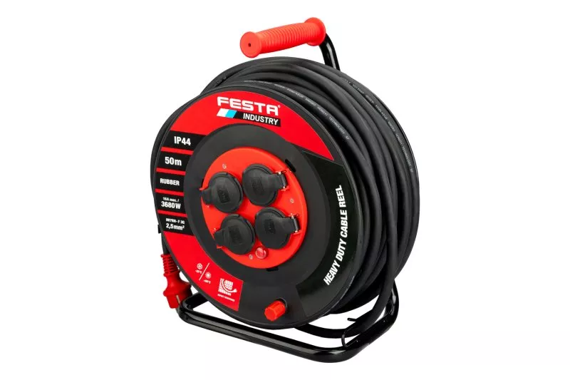Kabel prodlužovací na bubnu venkovní FESTA INDUSTRY 3x2.5mm 50m 230V max 3680W 4 zásuvky guma-neopre