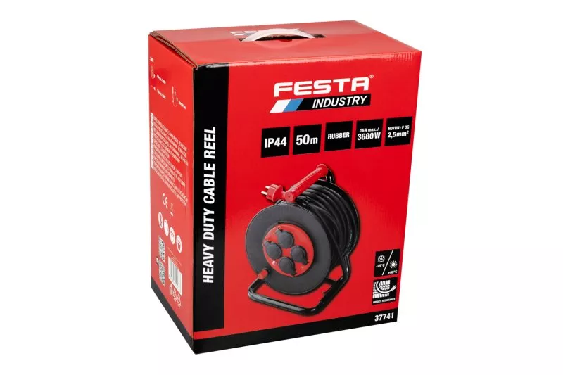 Kabel prodlužovací na bubnu venkovní FESTA INDUSTRY 3x2.5mm 50m 230V max 3680W 4 zásuvky guma-neopre
