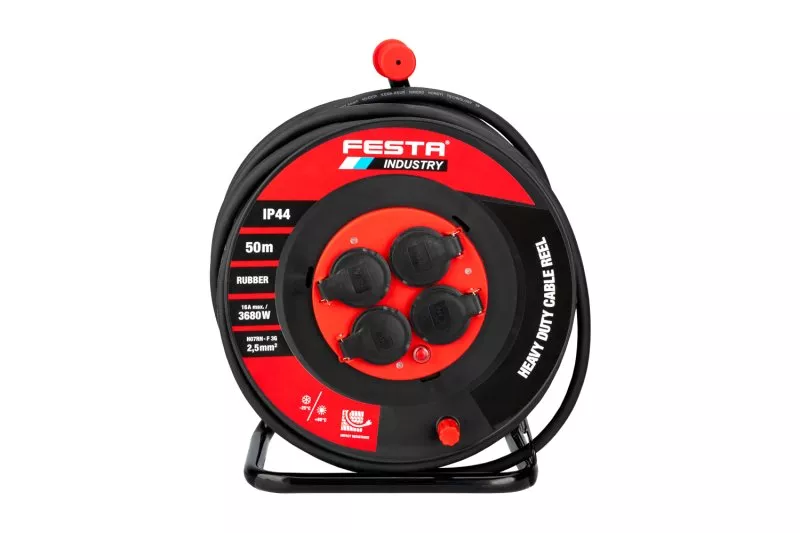 Kabel prodlužovací na bubnu venkovní FESTA INDUSTRY 3x2.5mm 50m 230V max 3680W 4 zásuvky guma-neopre