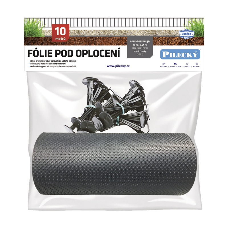 Fólie pod plot 25 cm/10m + 20ks plastových hřebů - SET